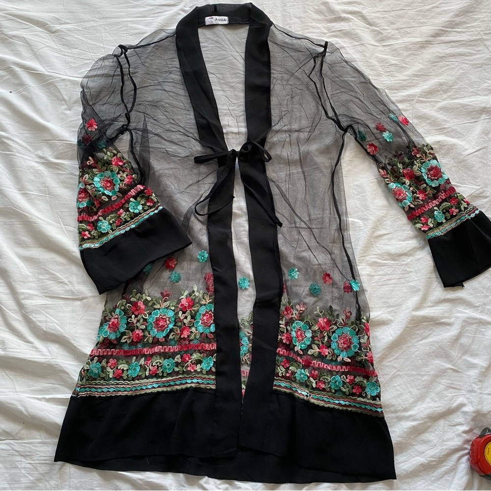 Sheer Black Floral Embroidered Kimono Cardigan Boho Festival Layering Piece